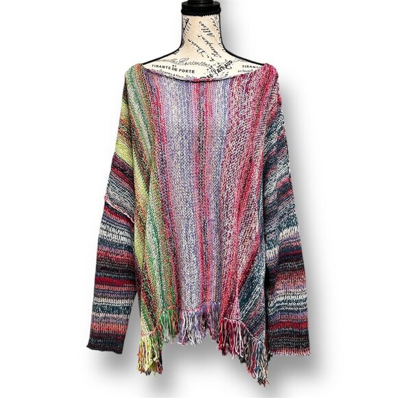 Free People L Radiate Pullover Sweater Rainbow Fringe Striped Boho Artsy NWT - Picture 2 of 11